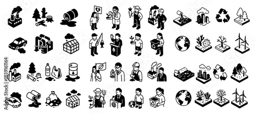 Environmental issues and solutions icons collection