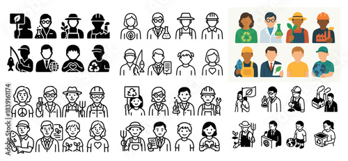 Diverse professions icons set in black and color
