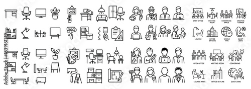 Office icons set with furniture and workspace elements