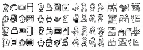 Hand-drawn kitchen appliances and chefs illustration