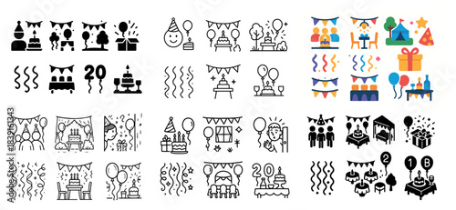 Birthday celebration icons and party decorations