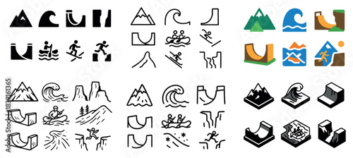 Outdoor adventure icons in various styles