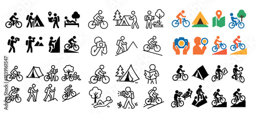Outdoor activities icons: biking, hiking, camping