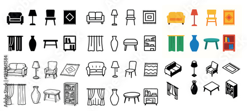 Variety of furniture and decor icons in different styles