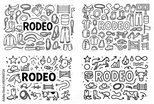 Rodeo icon set with bulls and cowboys