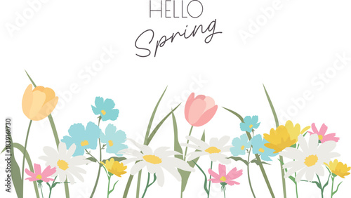  Floral banner with various colors in pastel shades. A delicate flower meadow. Design elements for decoration