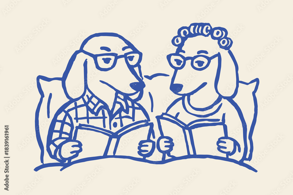 Fototapeta premium Dachshund couple reading in bed cartoon sketch vector illustration