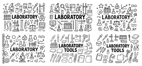 Laboratory equipment and tools doodle collection
