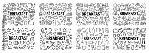 Hand-drawn breakfast doodles with food items