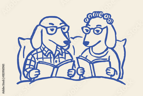Dachshund couple reading in bed cartoon sketch vector illustration