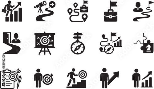 Career planning icon set in solid dual-color glyph style for professional roadmap vector design.