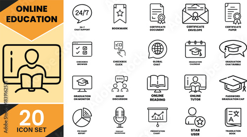 Online education icon set featuring essential symbols for digital learning, distance study, and e-learning platforms. Vector