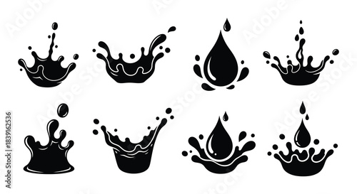 Black and white illustration of various water splash and droplet shapes