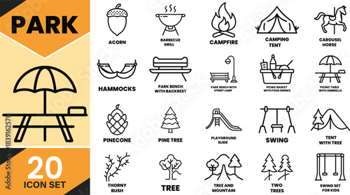 Comprehensive park and outdoor leisure vector icon collection, including nature, camping, picnic, and playground items. Vector