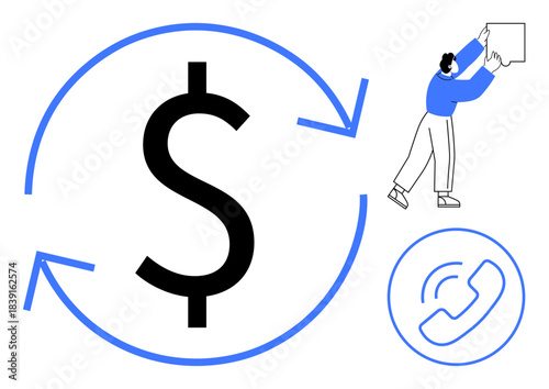 Financial transactions concept. Financial flow ed by dollar symbol and arrows, communication through phone icon, suggesting connection and economic processes. For fintech, payments, communication