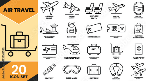 Extensive air travel and airport line icon set showcasing planes, luggage, passes, seats, and essentials Vector