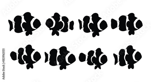 A simple black and white illustration depicting six stylized fish silhouettes