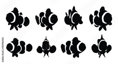 A simple black and white illustration depicting six stylized fish silhouettes