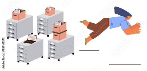 Person leaping toward office filing cabinets, stacks of files, and laptop. Ideal for organization, workflow, productivity, data management, digital transformation, goal pursuit simple flat metaphor