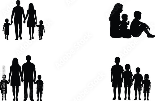 Silhouette family collection featuring parents and children in various poses, showcasing unity, parenting, childhood bonding, and diverse family lifestyle concepts.