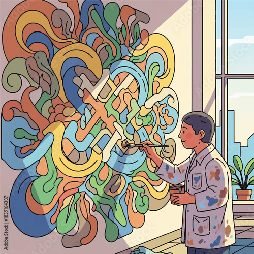 Inspired artist meticulously crafts a dynamic abstract mural, infusing a studio wall with a vibrant kaleidoscope of colors and organic forms