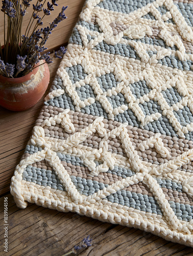 Cozy chunky braided woven rug with geometric floral pattern on rustic wooden floor styled with dried lavender
