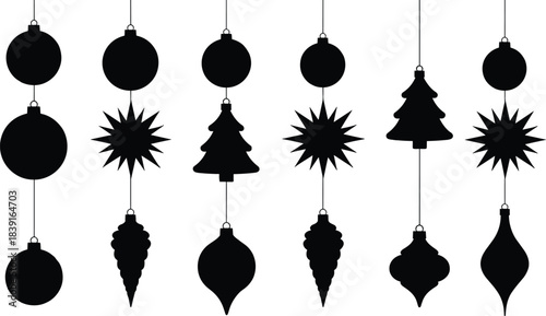 Christmas ornaments, hanging decorations, festive silhouette, holiday vector, black white, pinecone, bauble, starburst, tree shape, teardrop, seasonal, 