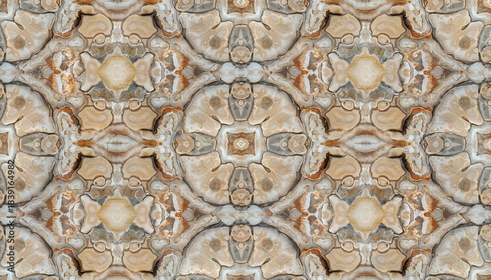 Obraz premium Intricate seamless kaleidoscope pattern derived from natural stone texture with earthy tones.
