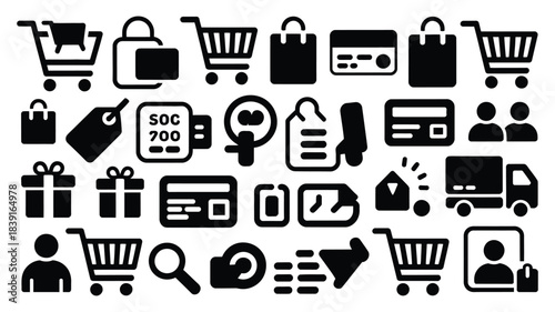 Collection of black and white icons representing online shopping and e commerce concepts