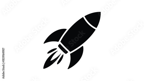 Simple black silhouette of a rocket ship launching with flames and smoke