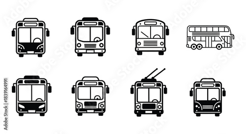 A collection of various public transport buses in a simple black and white style
