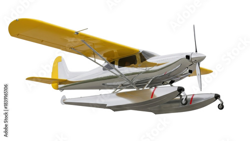 Photos Isolated vintage seaplane amphibian airplane, chrome and yellow, propeller, floa