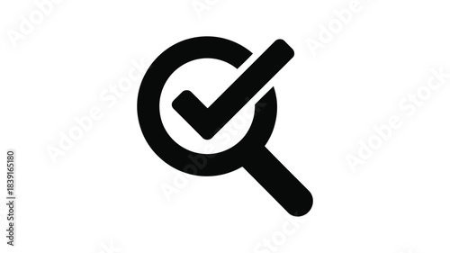 Black magnifying glass icon with a checkmark inside representing successful search or verification