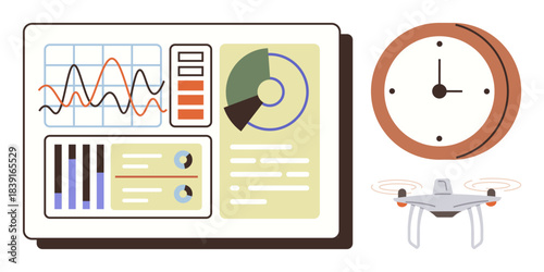 Data dashboard featuring charts, graphs, and analytics, accompanied by a clock and a quadcopter. Ideal for technology, time management, analysis, productivity, monitoring innovation and efficiency