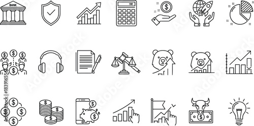 Financial business icon collection featuring banking, investment growth, money management, global finance, market analysis, savings, budgeting, stock trends, and economic concepts