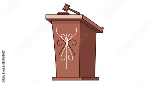 Justice and Law Concept Wooden Gavel on Auctioneer Podium with Ornate Design Legal Authority and Courtroom Symbolism