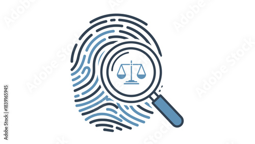 Magnifying glass over fingerprint with scales of justice representing legal investigation forensic science and criminal justice concepts
