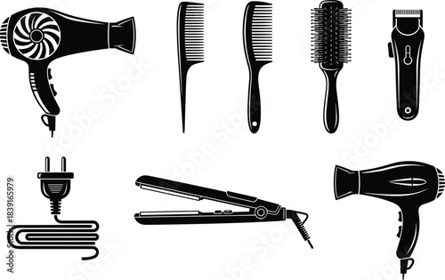 Professional hair styling tools vector set featuring dryer, straightener, combs, brushes, clippers, electric accessories, salon equipment, and grooming essentials