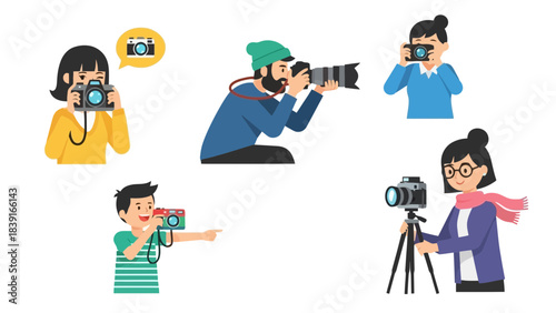 Diverse People Photographing with Cameras Capturing Moments Creativity and Hobbies Vector Illustration
