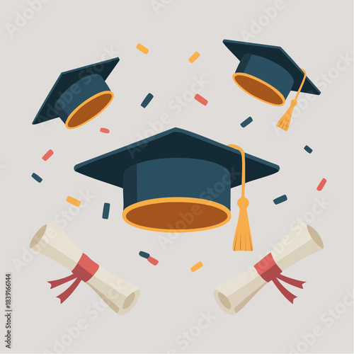 Graduation caps and diplomas with confetti celebrating academic achievement.