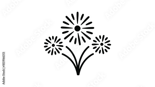 Stylized black and white illustration of three bursting fireworks on a white background