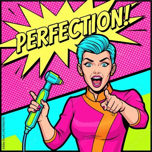 Pop Art Woman Pointing and Celebrating Perfection with Device