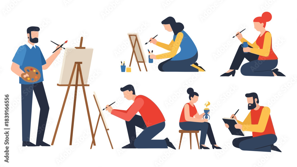 Naklejka premium Diverse Artists Creating Art Painting Drawing and Studio Work Scenes