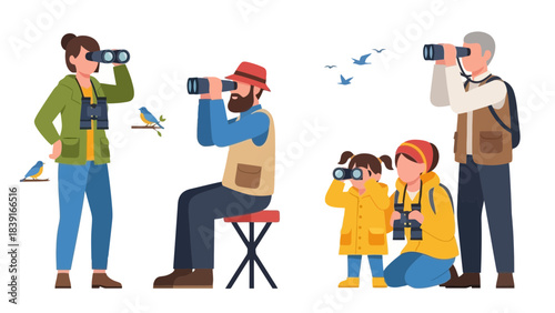 Family Bird Watching Adventure People of all ages observing nature and wildlife with binoculars enjoying outdoor hobby and education