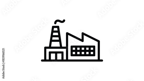 Simple line art icon of a factory building with a smokestack emitting smoke