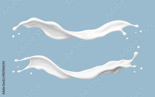 Milk splashes on blue background. Realistic dairy liquid motion. Vector illustration