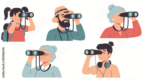 Diverse Group of People Observing with Binoculars Exploring Nature Discovery and Connection