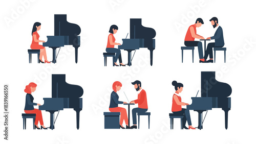 Diverse Group of People Learning and Playing Piano at Grand Pianos Music Education Practice and Performance Concepts