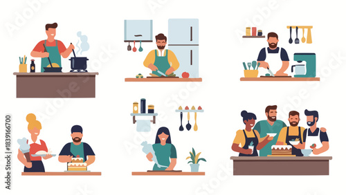 Diverse Group of People Enjoying Culinary Activities in Modern Kitchens