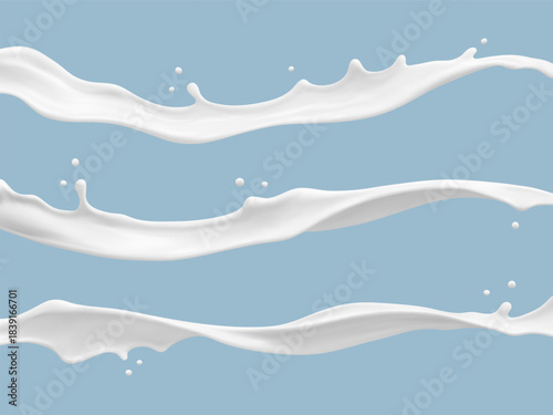 Milk splashes on blue background. Realistic dairy liquid. Vector illustration